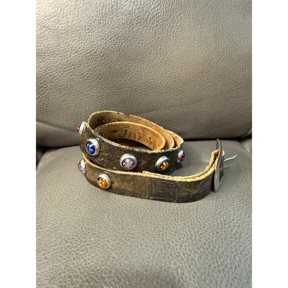Unbranded Accessories - Vintage Distressed Brown Leather Jeweled Belt Multi Color Studded Western Boho